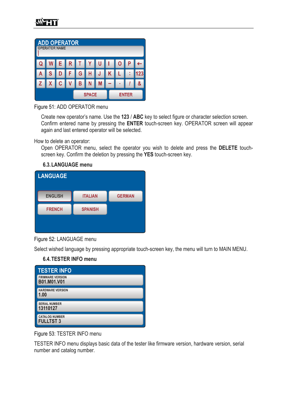 Language, Tester info, Fulltest 3 en - 62 | Figure 51 : add operator menu, Language menu, Figure 52 : language menu, Tester info menu, Figure 53 : tester info menu | HT instruments FULLTEST3 User Manual | Page 63 / 92
