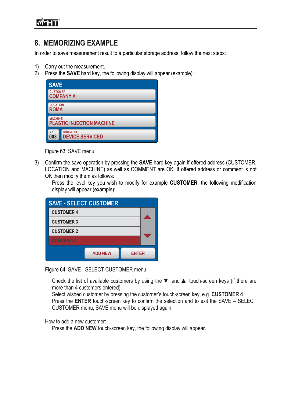 Save, Fulltest 3 en - 72, Figure 63 : save menu | Figure 64 : save - select customer menu | HT instruments FULLTEST3 User Manual | Page 73 / 92