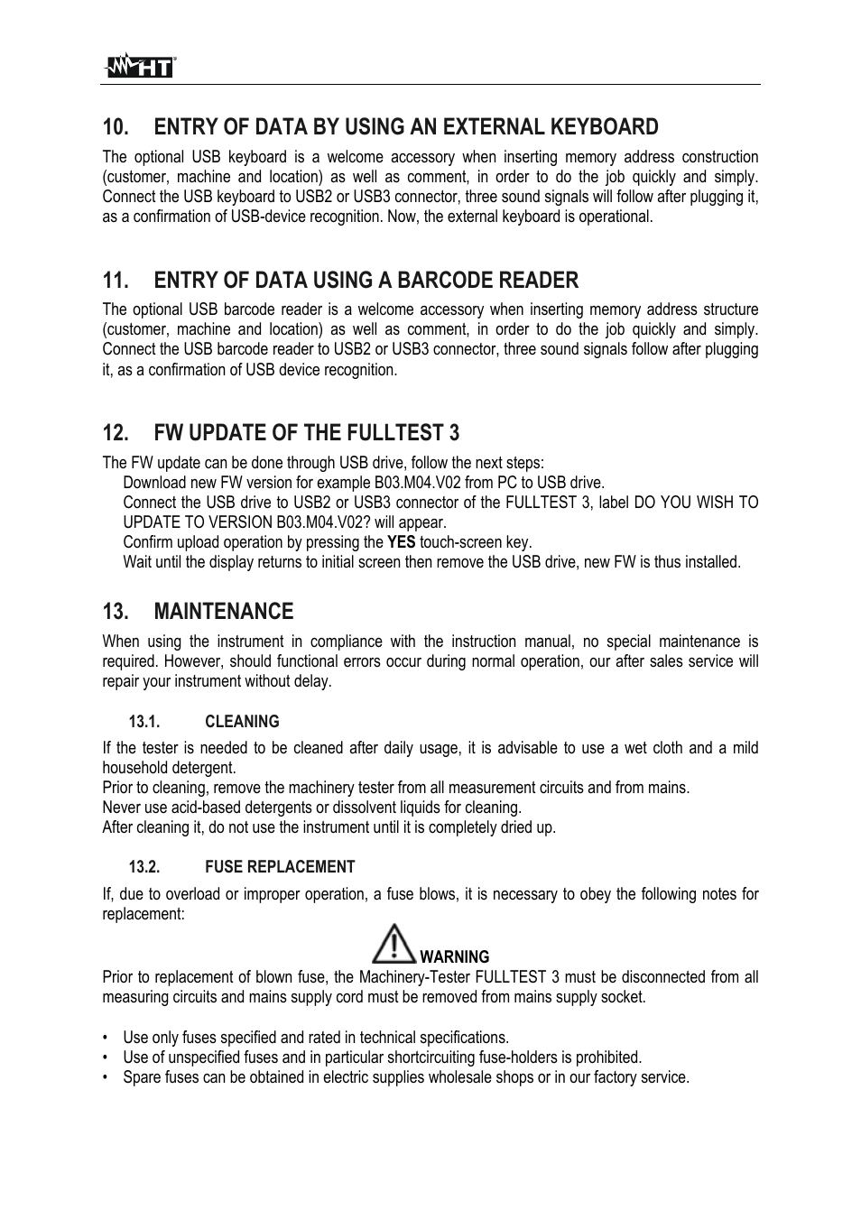 Entry of data by using an external keyboard, Entry of data using a barcode reader, Fw update of the fulltest 3 | Maintenance | HT instruments FULLTEST3 User Manual | Page 77 / 92