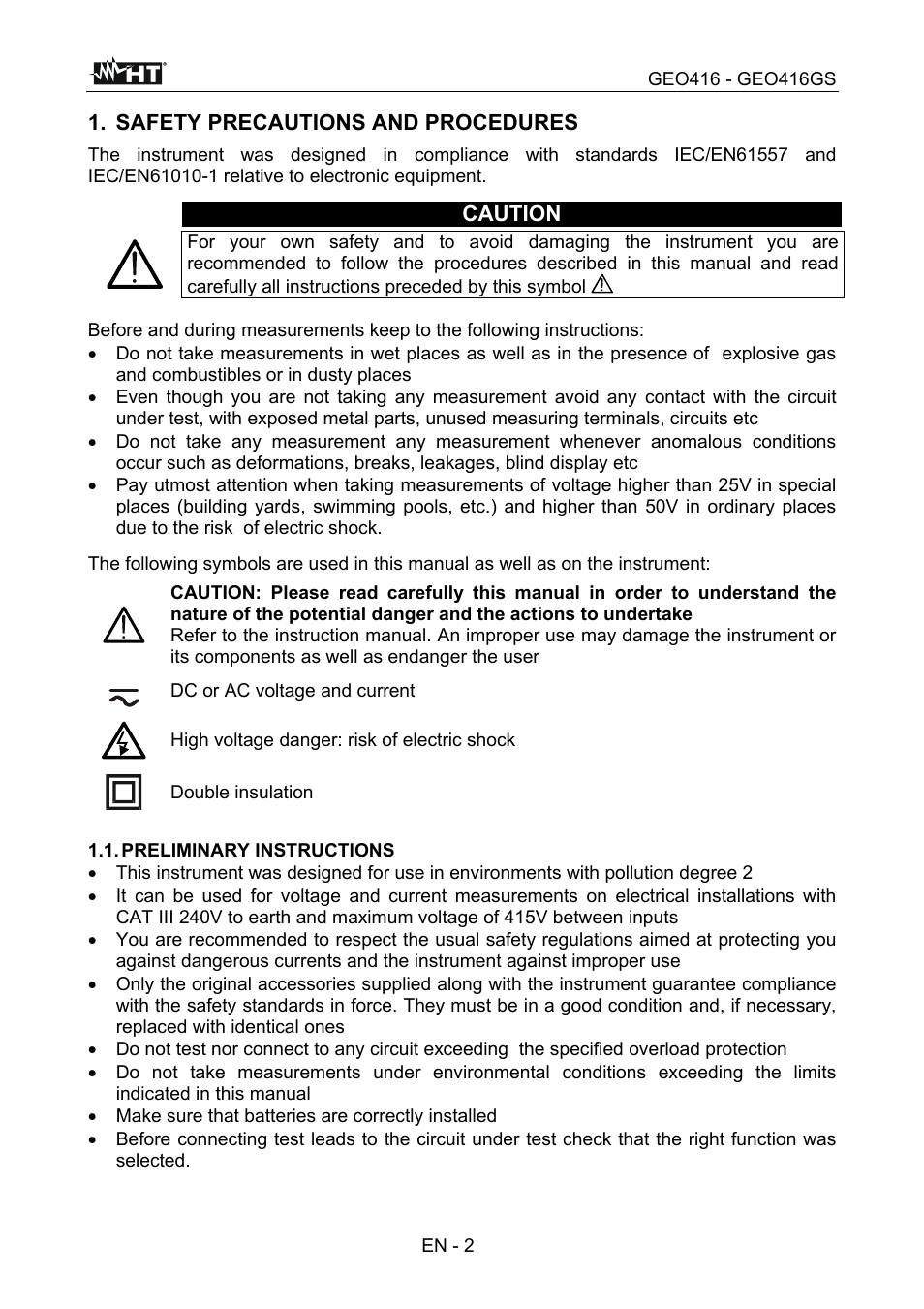 Safety precautions and procedures, Caution | HT instruments GEO416 User Manual | Page 3 / 116