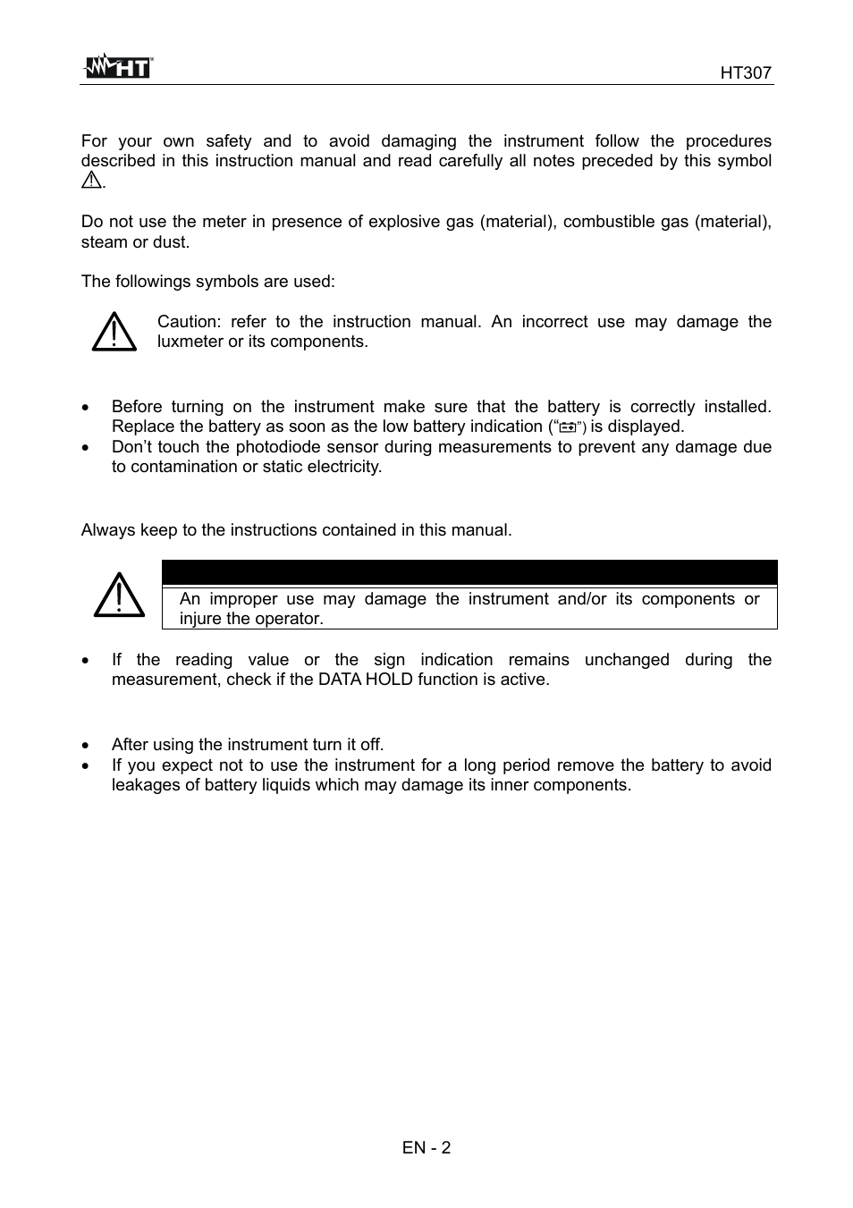 Safety precautions and procedures, Caution | HT instruments HT307 User Manual | Page 3 / 11