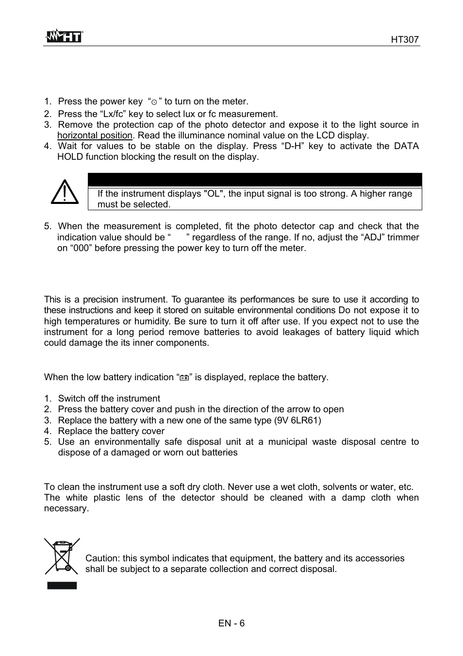 Operating instructions, Caution, Preventive maintenance | HT instruments HT307 User Manual | Page 7 / 11