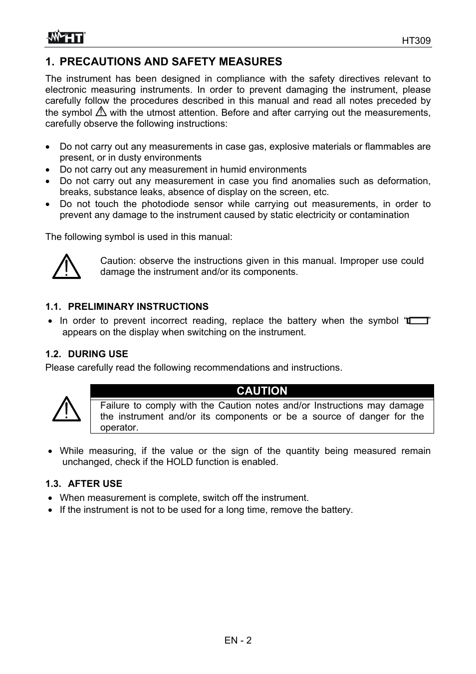 Precautions and safety measures, Caution | HT instruments HT309 User Manual | Page 3 / 13