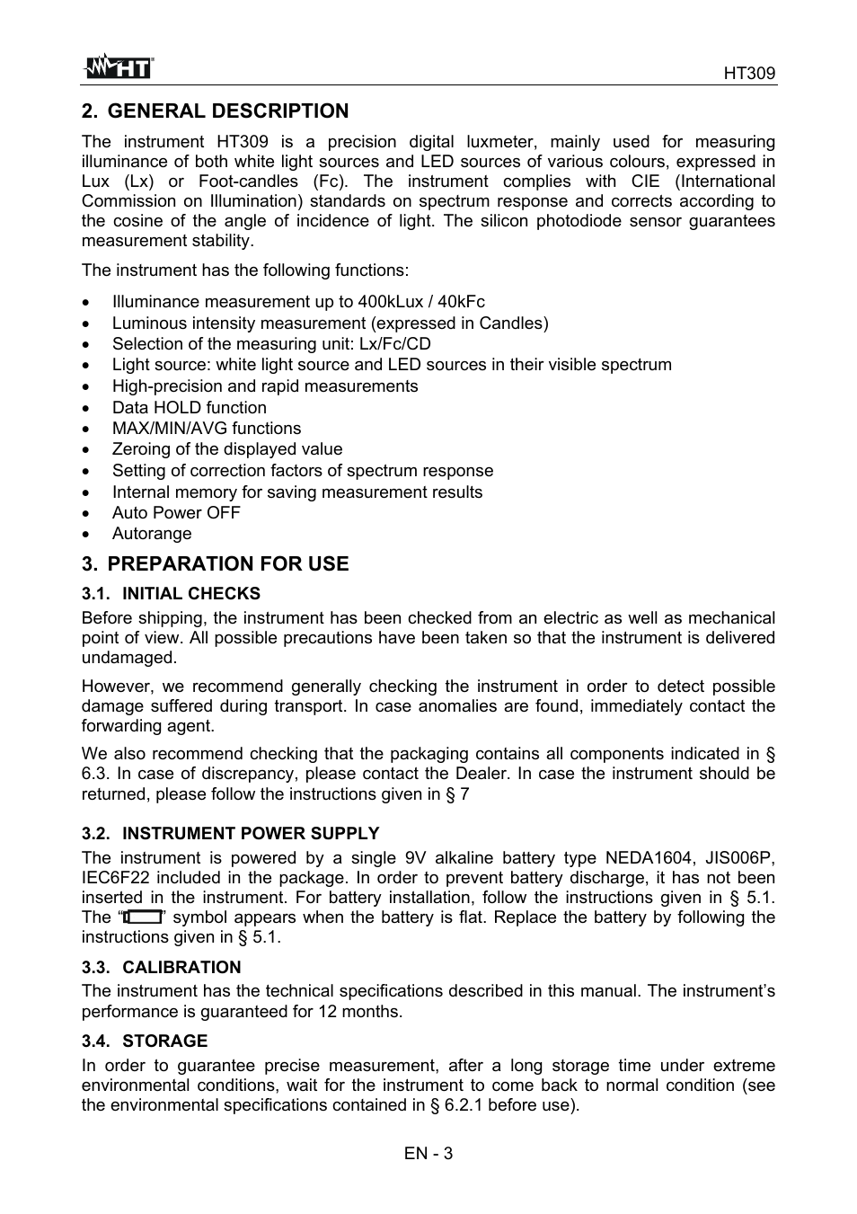 General description, Preparation for use | HT instruments HT309 User Manual | Page 4 / 13