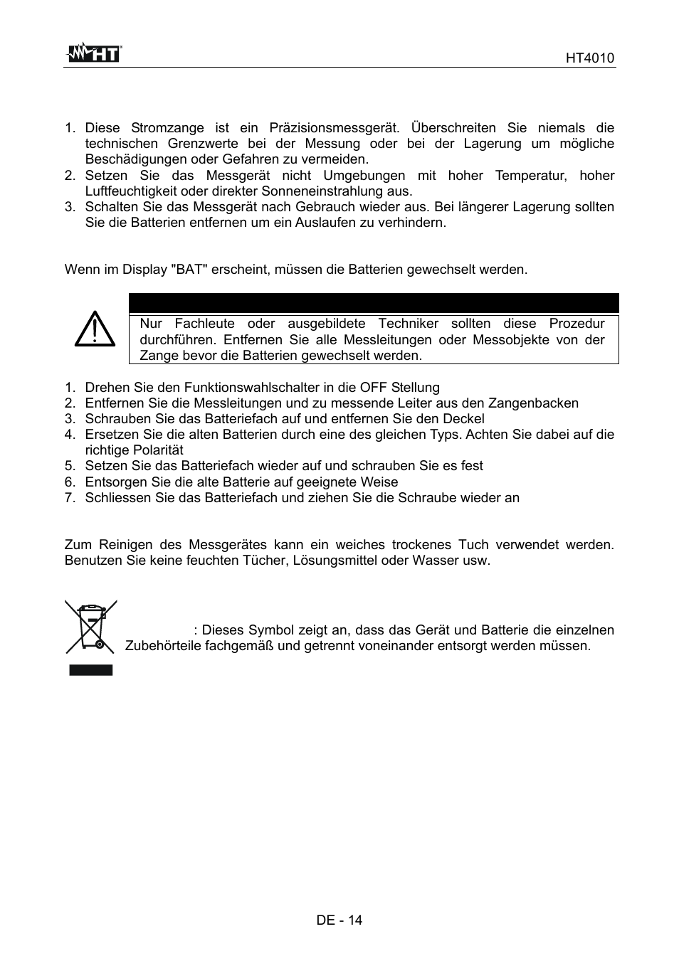 Wartung und pflege, Achtung | HT instruments HT4010 User Manual | Page 71 / 76