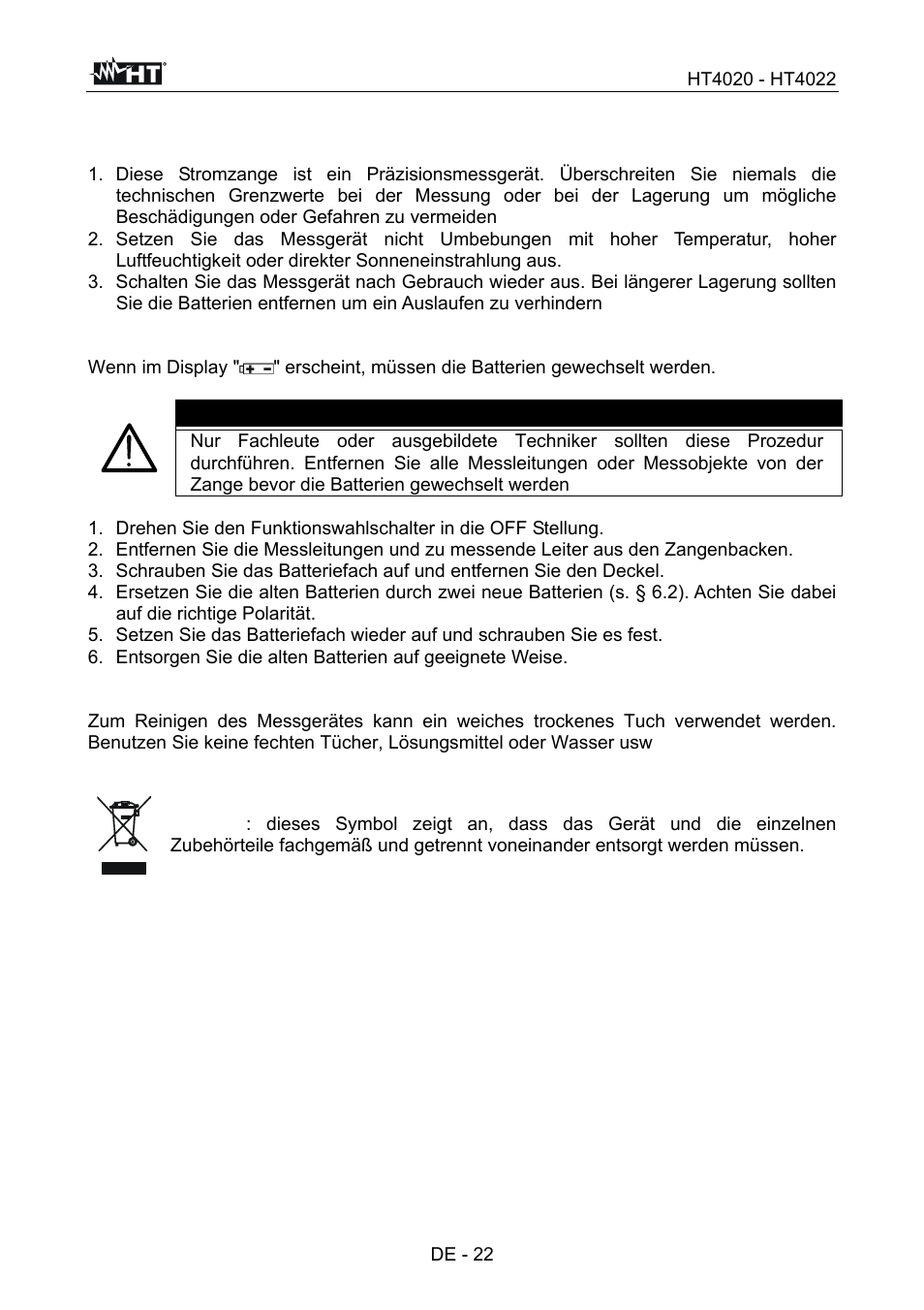 Wartung und pflege, Warnung | HT instruments HT4022 User Manual | Page 115 / 152