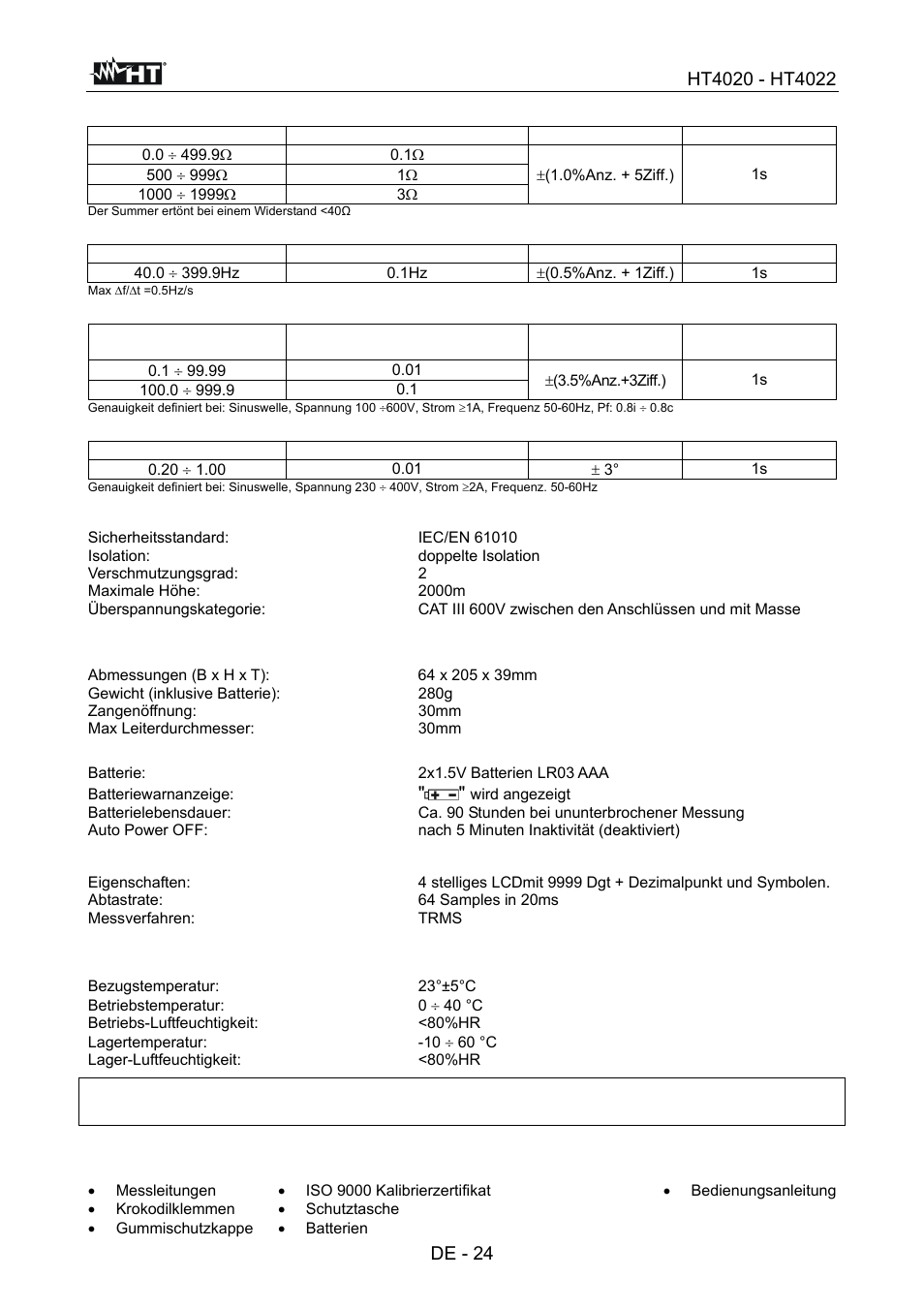 De - 24, Referenz-richtlinie, Allgemeine daten | Umweltbedingungen 6.3.1. klimabedingungen, Zubehör 6.4.1. lieferumfang | HT instruments HT4022 User Manual | Page 117 / 152