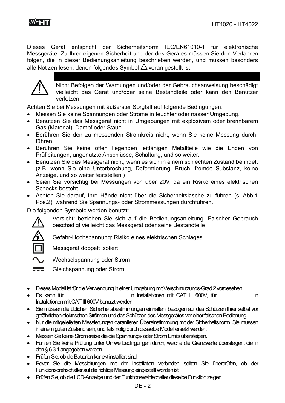 Sicherheitsvorkehrungen und verfahren, Warnung | HT instruments HT4022 User Manual | Page 95 / 152