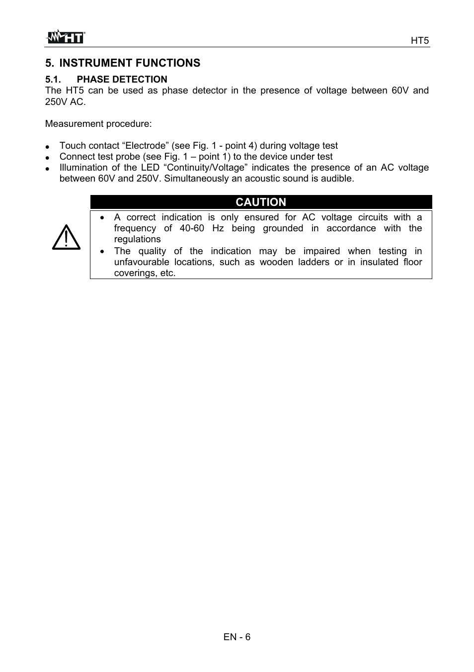 Instrument functions, Caution | HT instruments HT5 User Manual | Page 7 / 12