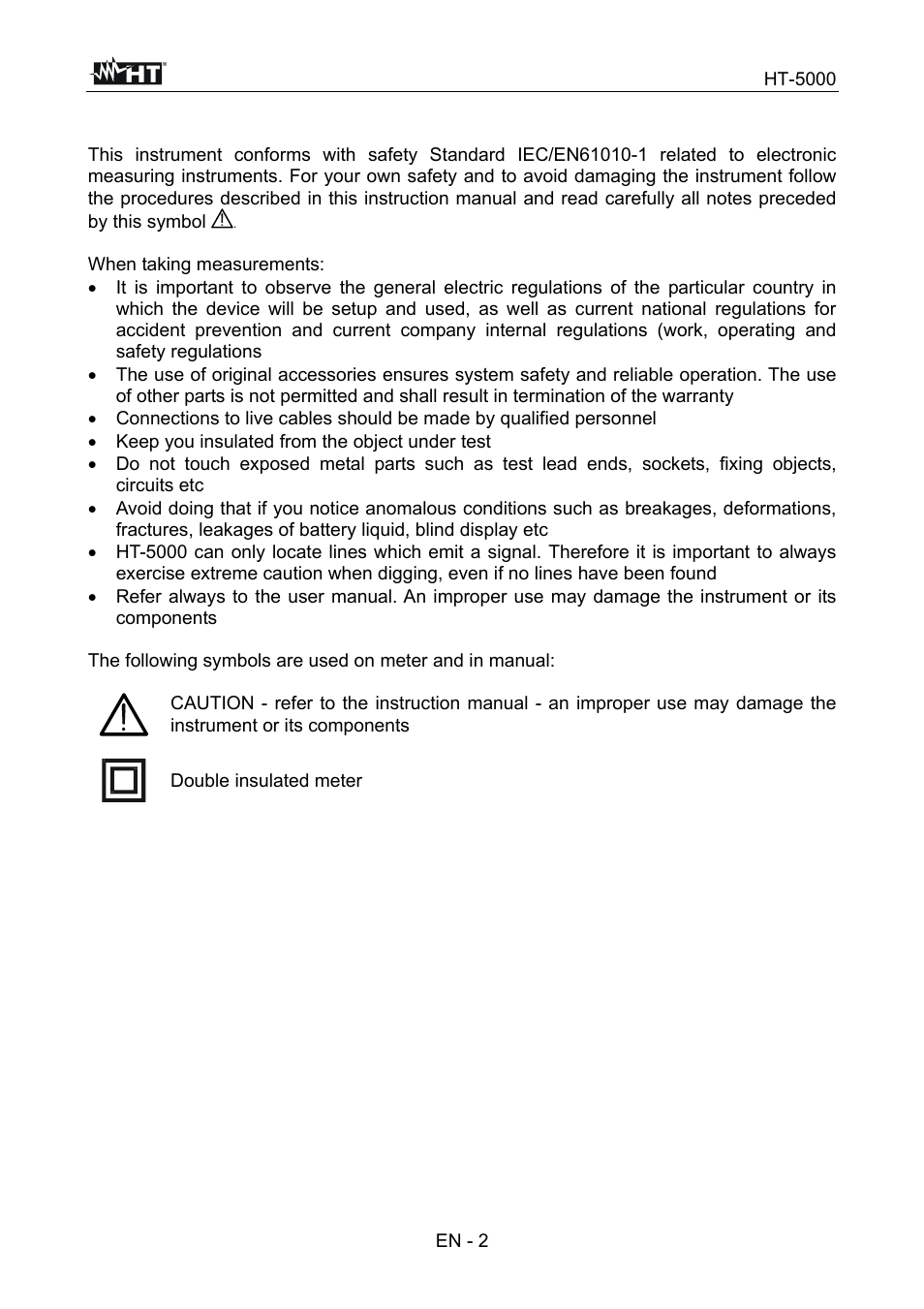 1 safety precautions and procedures | HT instruments HT5000 User Manual | Page 3 / 31