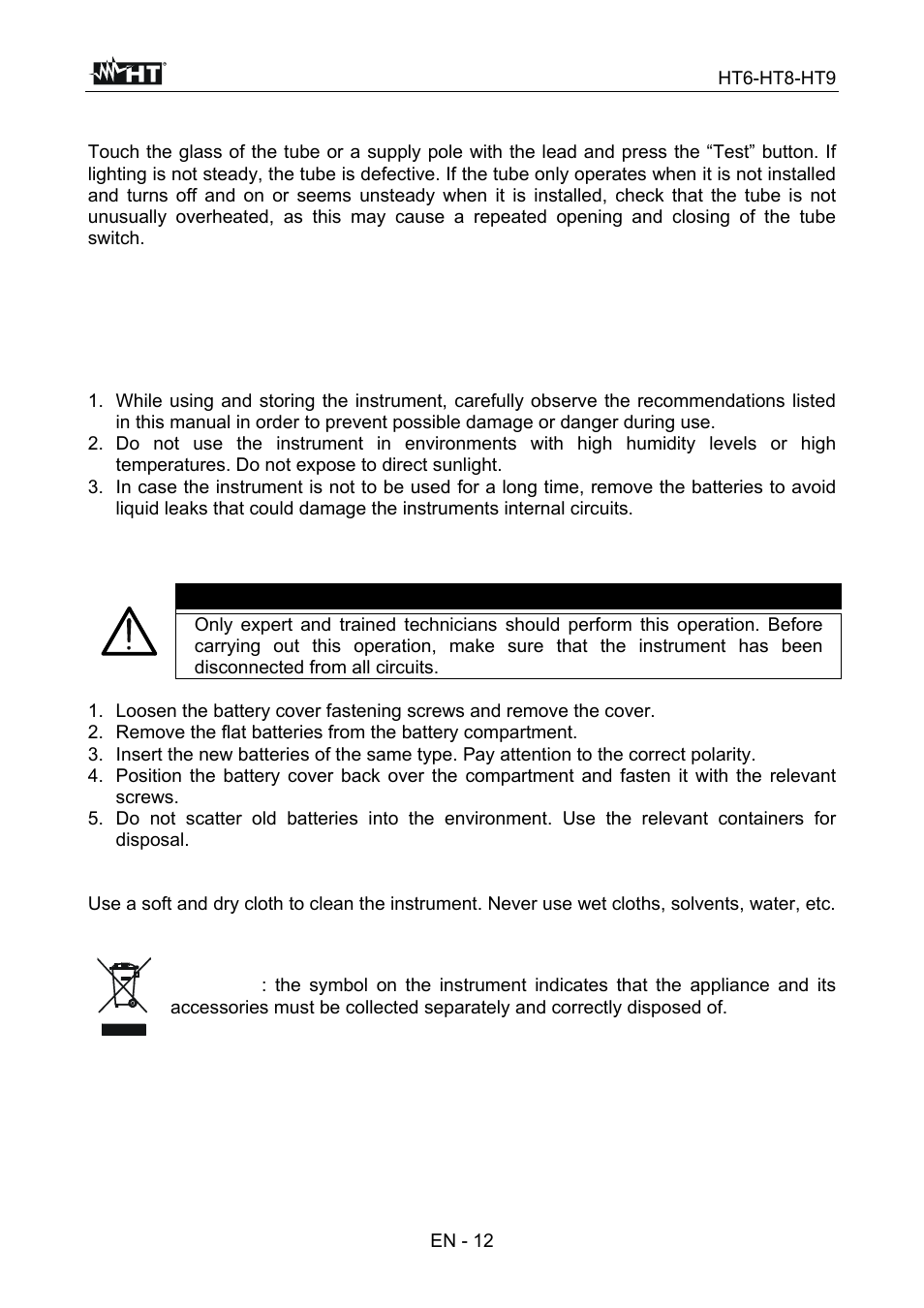 Maintenance, Warning | HT instruments HT9 User Manual | Page 13 / 16