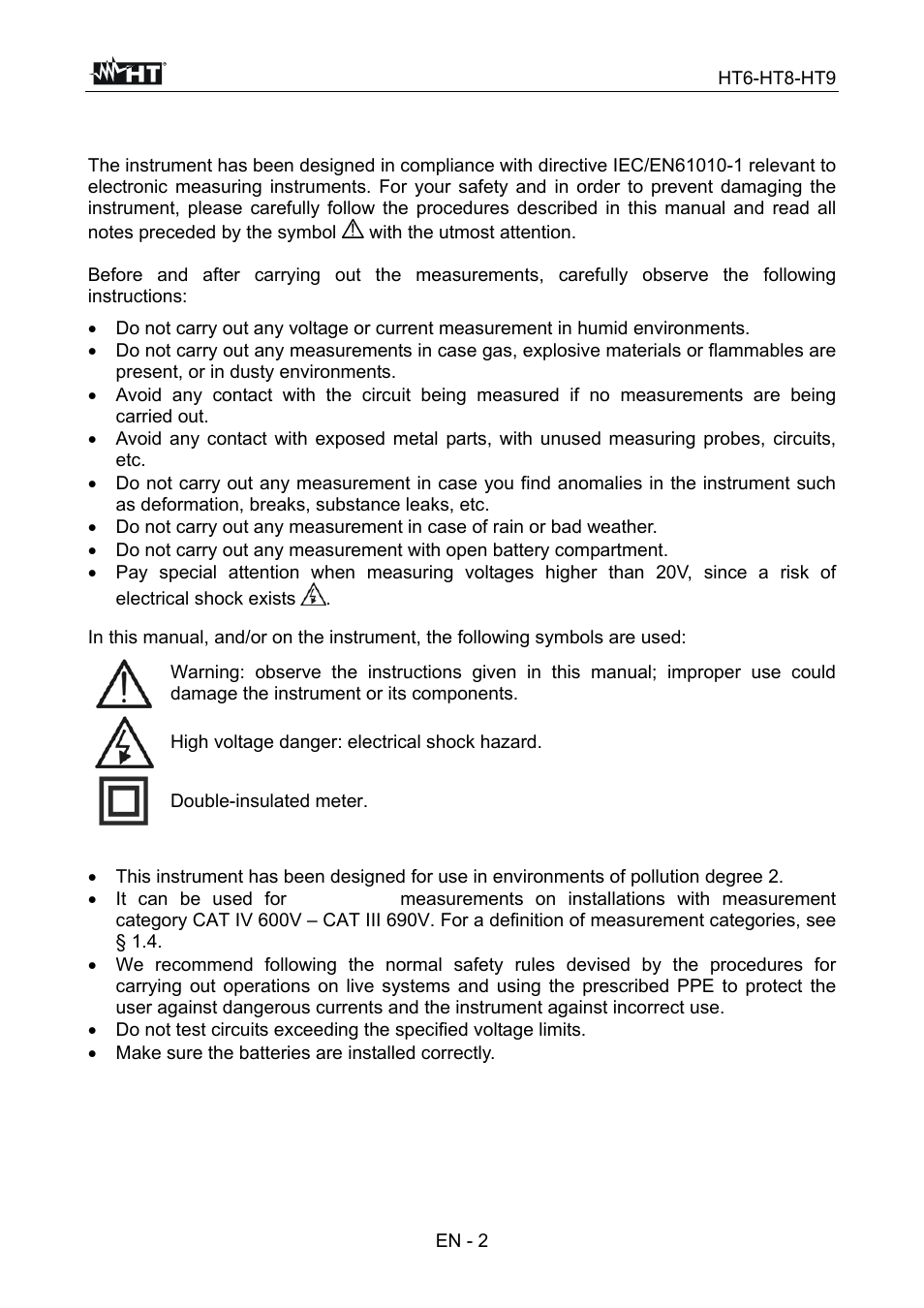 Precautions and safety measures | HT instruments HT9 User Manual | Page 3 / 16