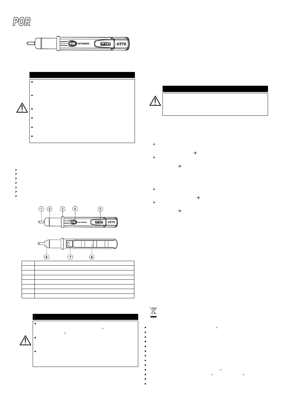 Manual de instruções, Precauções e medidas de segurança, Atenção | Introdução, Características, Descrição, Teste da sequência e concordância das fases, Função de detecção de tensão, Substituição das pilhas, Especificações técnicas | HT instruments HT70 User Manual | Page 6 / 6