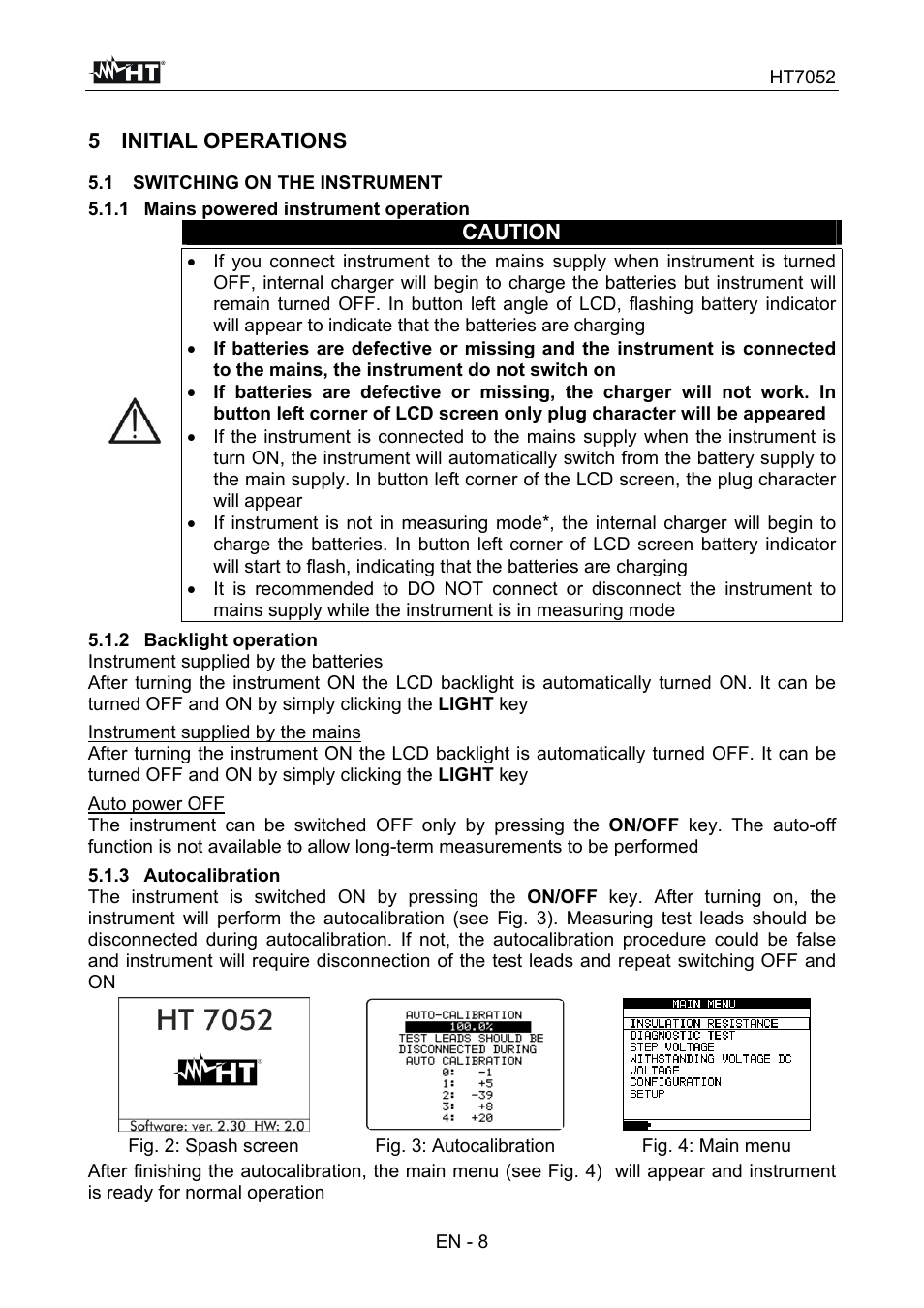 5 initial operations, Caution | HT instruments HT7052 User Manual | Page 10 / 120