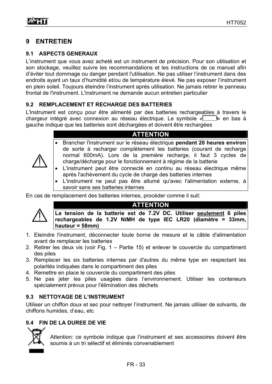 9 entretien, Attention | HT instruments HT7052 User Manual | Page 115 / 120