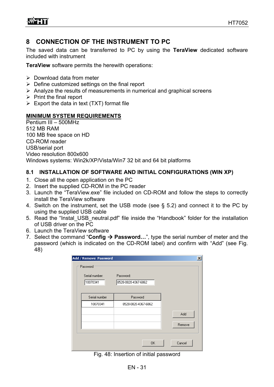 8 connection of the instrument to pc | HT instruments HT7052 User Manual | Page 33 / 120