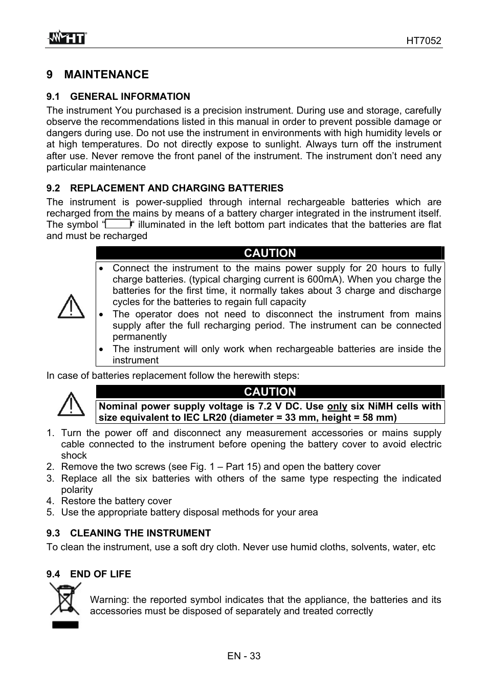 9 maintenance, Caution | HT instruments HT7052 User Manual | Page 35 / 120