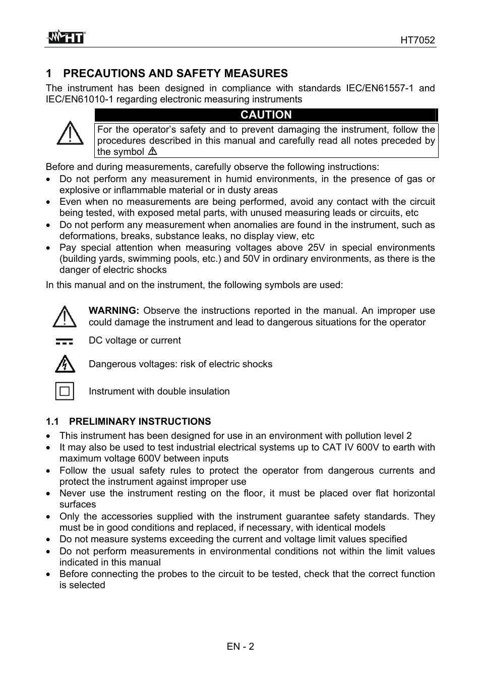 1 precautions and safety measures, Caution | HT instruments HT7052 User Manual | Page 4 / 120