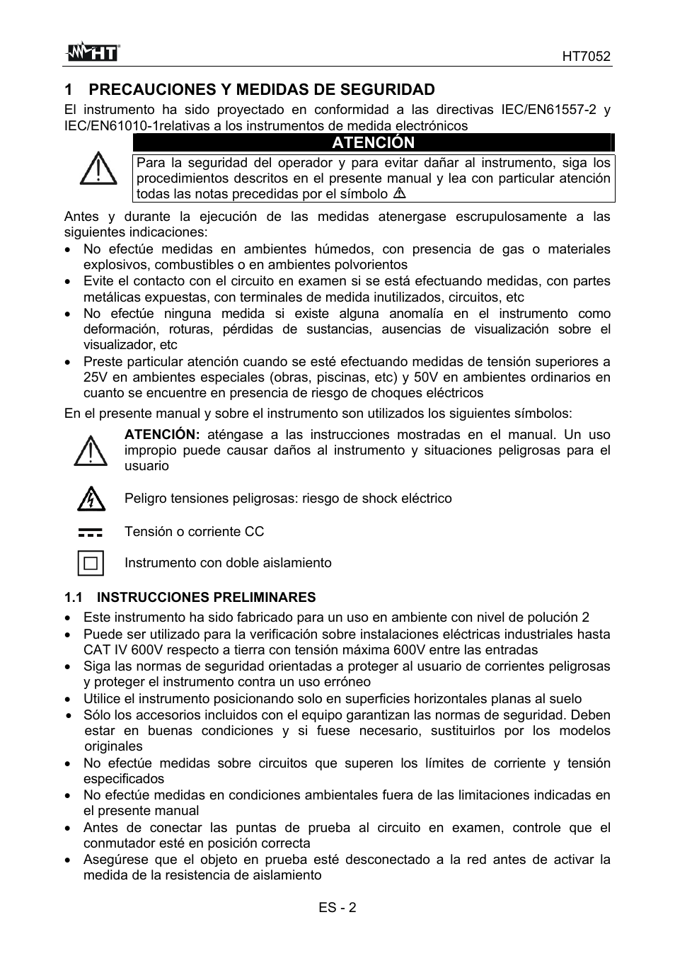 1 precauciones y medidas de seguridad, Atención | HT instruments HT7052 User Manual | Page 44 / 120