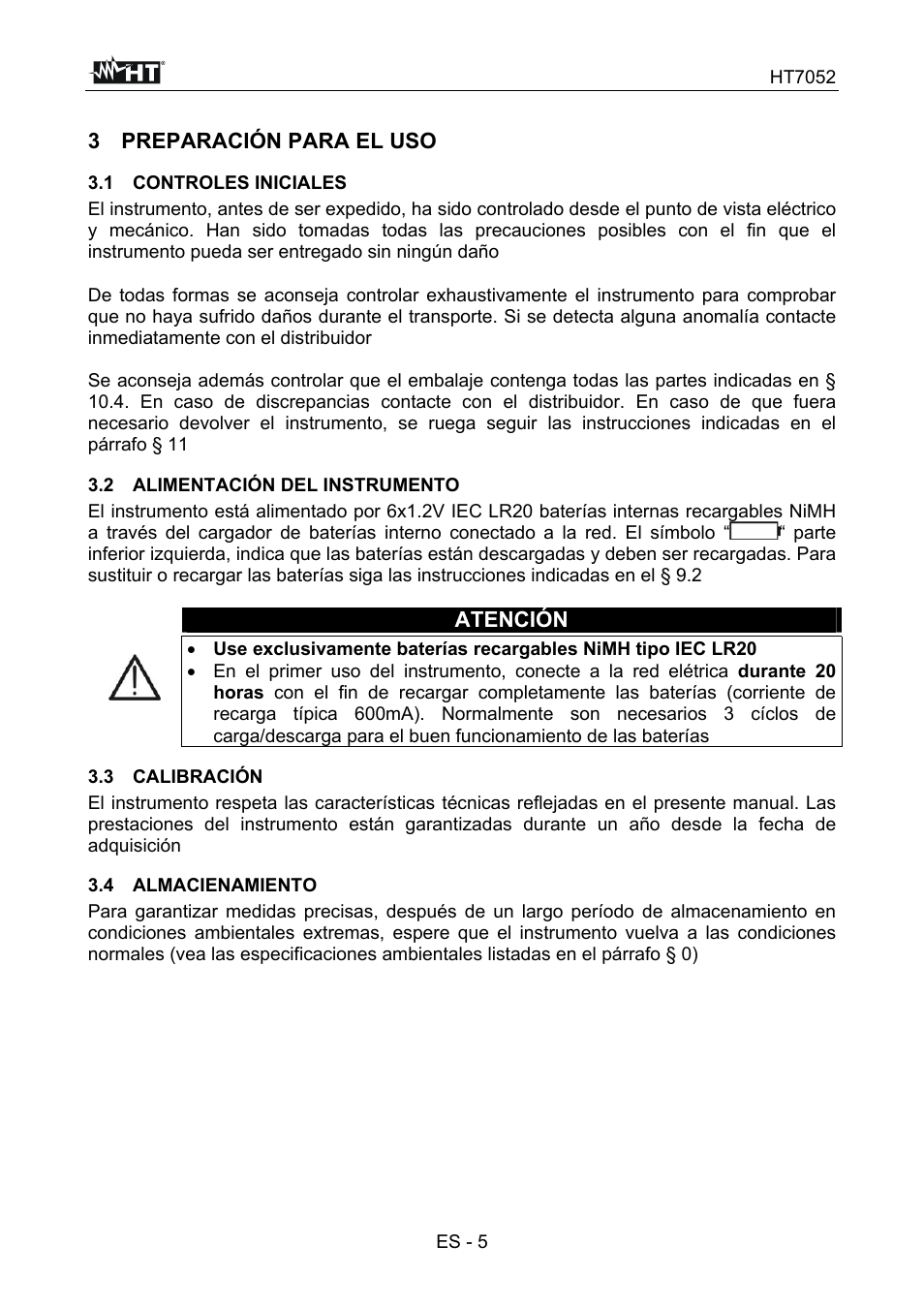 3 preparación para el uso, Atención | HT instruments HT7052 User Manual | Page 47 / 120