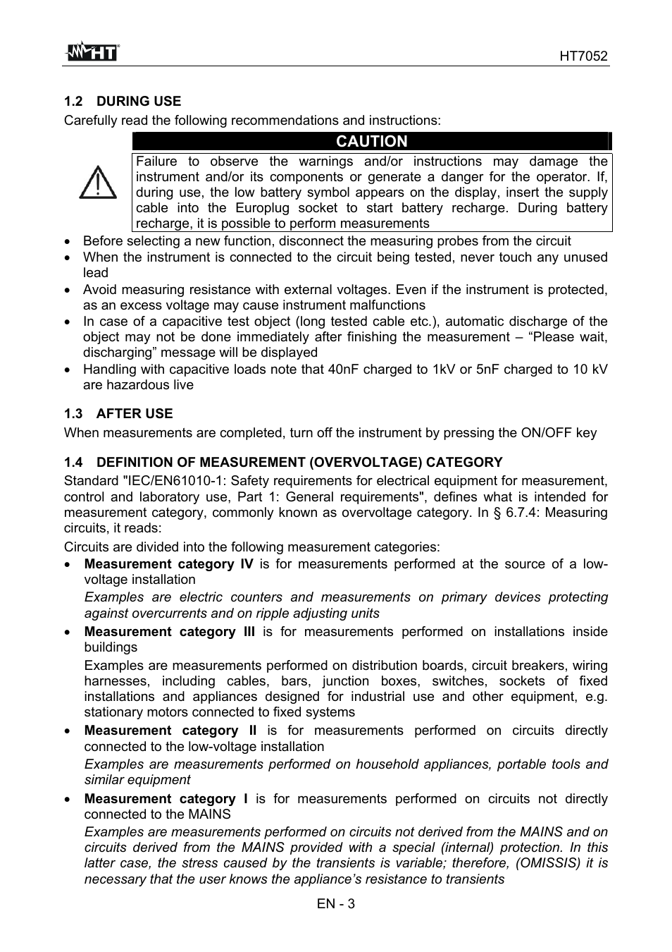 Caution | HT instruments HT7052 User Manual | Page 5 / 120