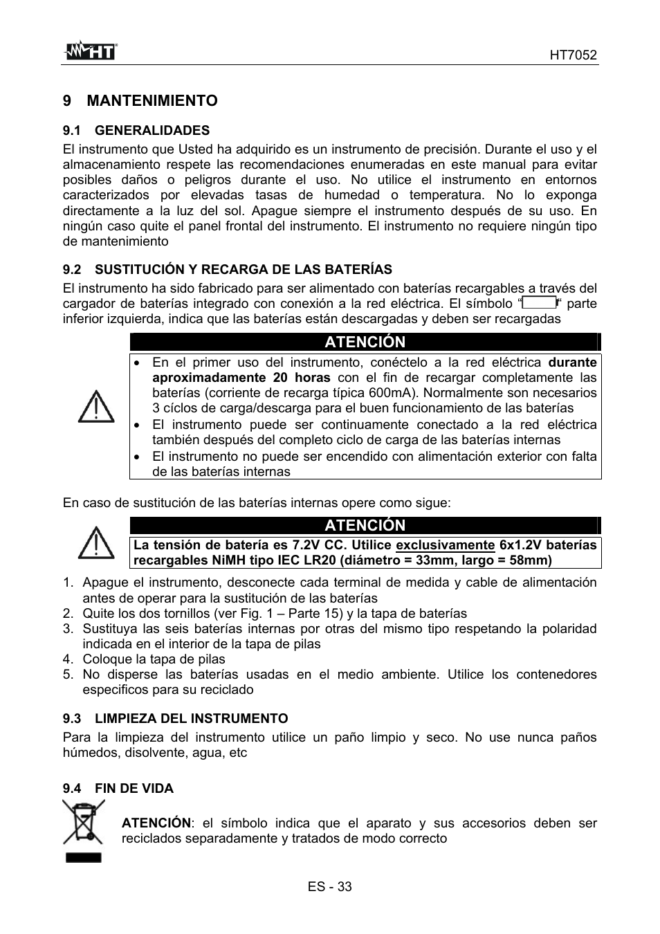 9 mantenimiento, Atención | HT instruments HT7052 User Manual | Page 75 / 120