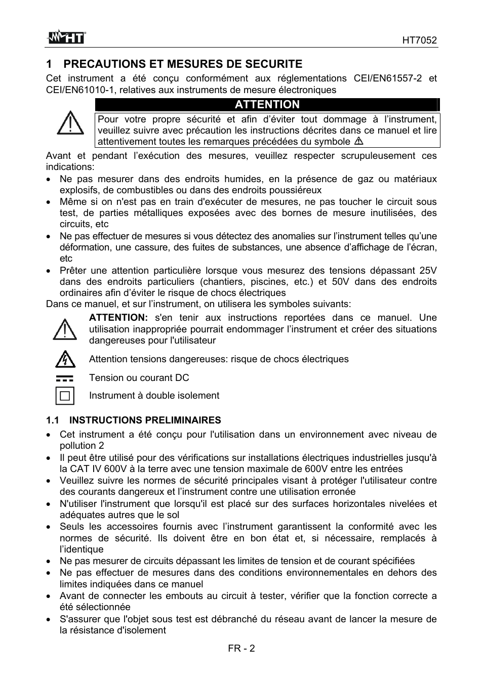 1 precautions et mesures de securite, Attention | HT instruments HT7052 User Manual | Page 84 / 120