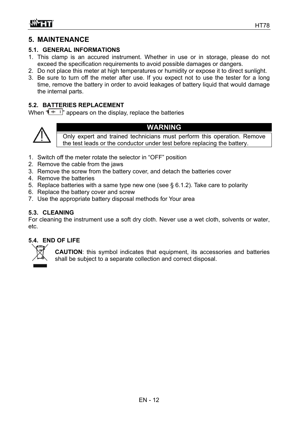 Maintenance, Warning | HT instruments HT78 User Manual | Page 13 / 16