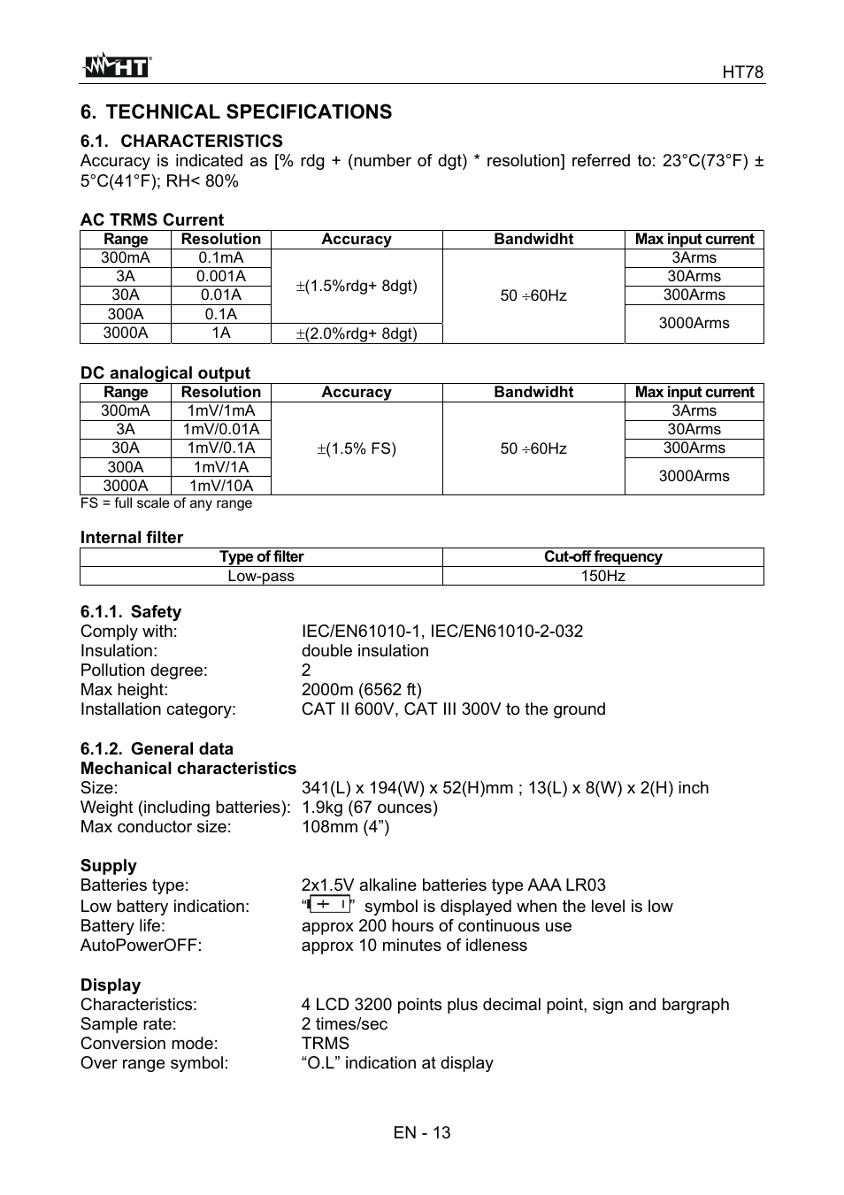 Technical specifications | HT instruments HT78 User Manual | Page 14 / 16