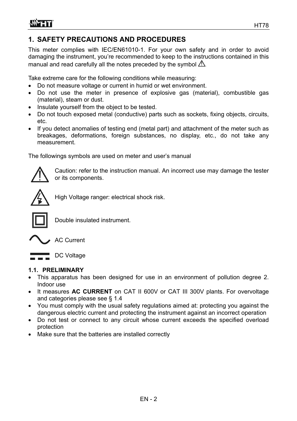 Safety precautions and procedures | HT instruments HT78 User Manual | Page 3 / 16