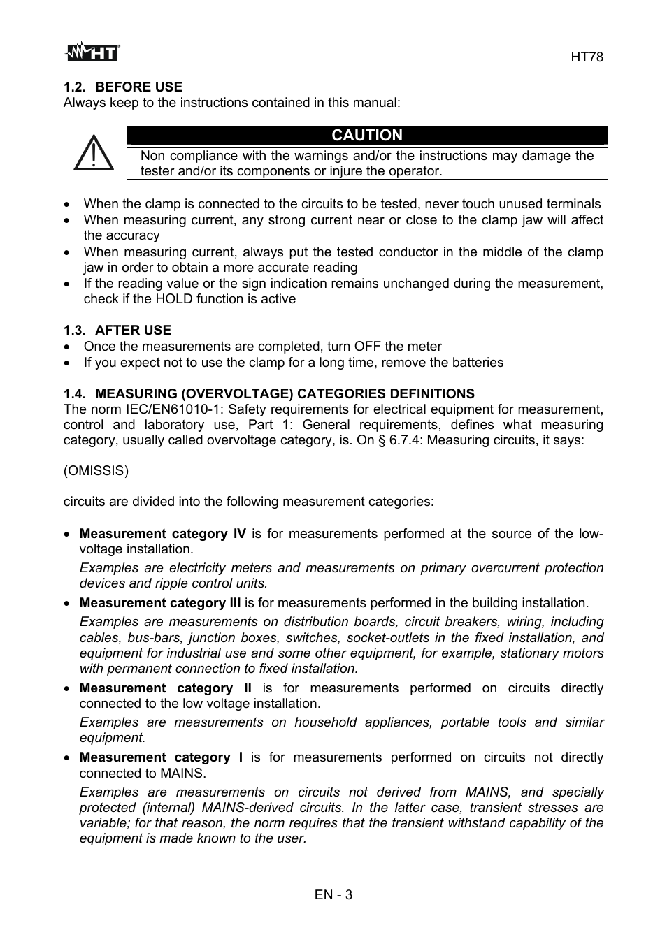 Caution | HT instruments HT78 User Manual | Page 4 / 16