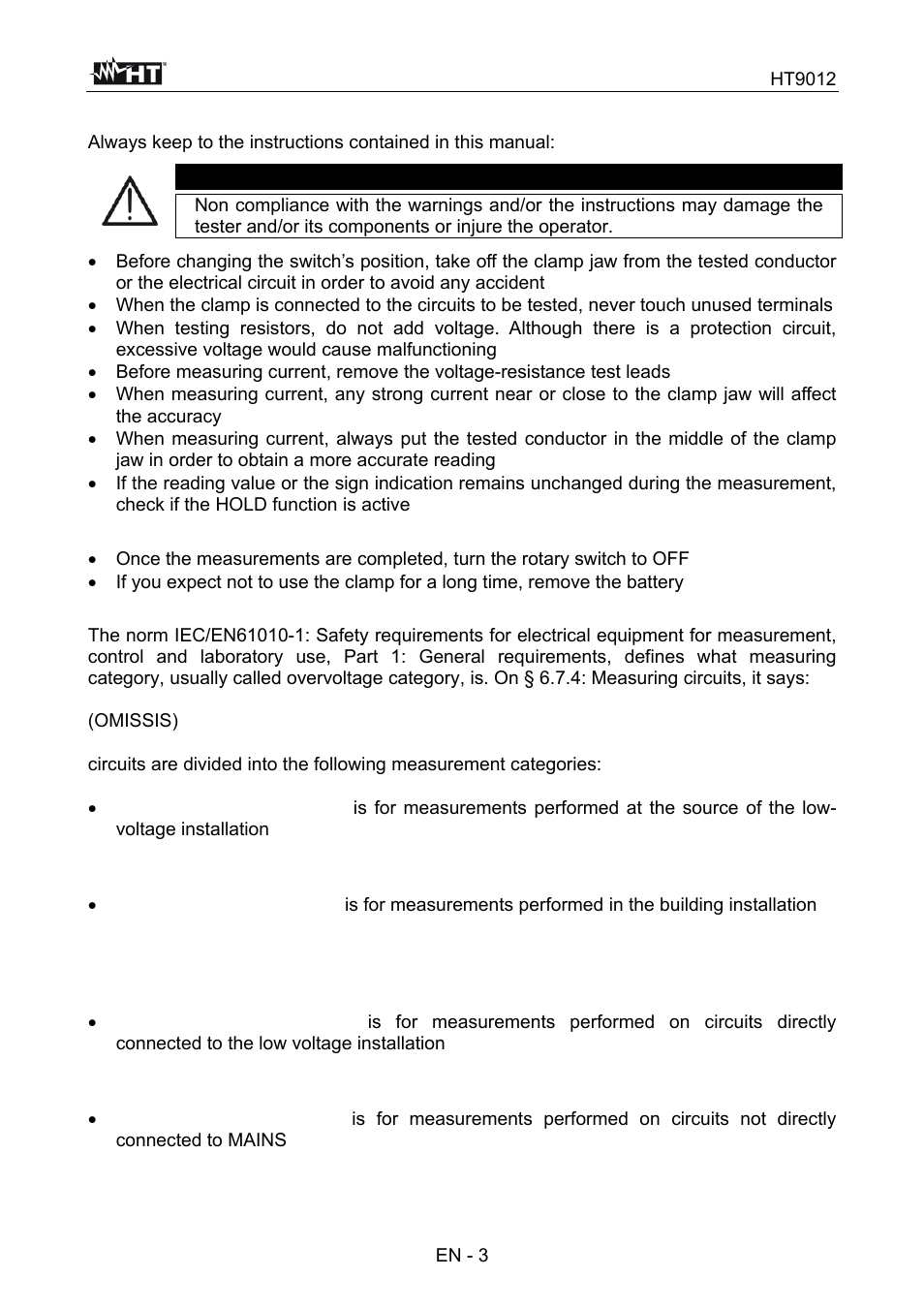 Caution | HT instruments HT9012 User Manual | Page 4 / 17