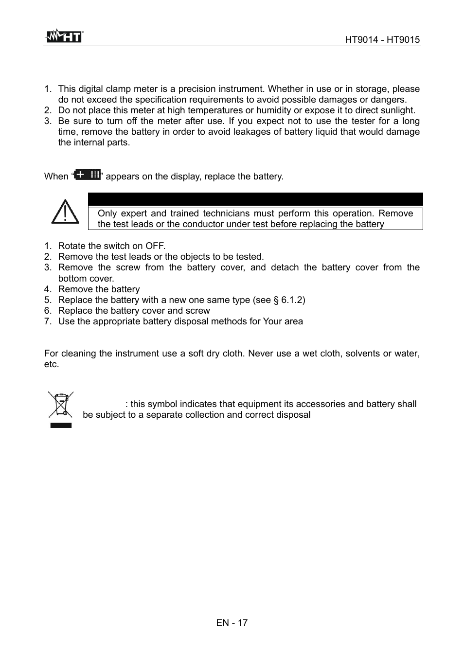 Maintenance, Caution | HT instruments HT9015 User Manual | Page 18 / 22