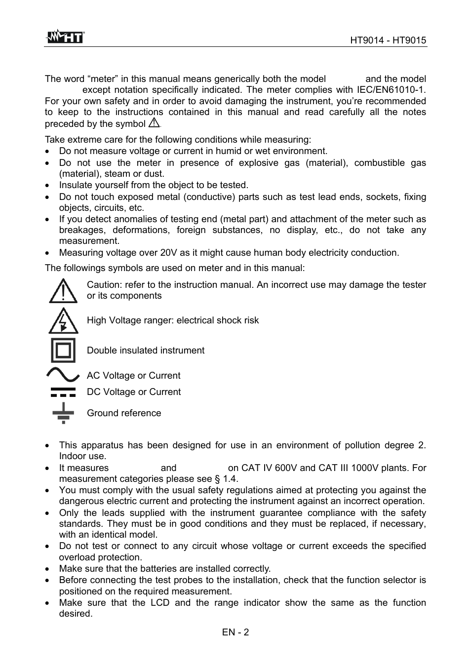 Safety precautions and procedures | HT instruments HT9015 User Manual | Page 3 / 22