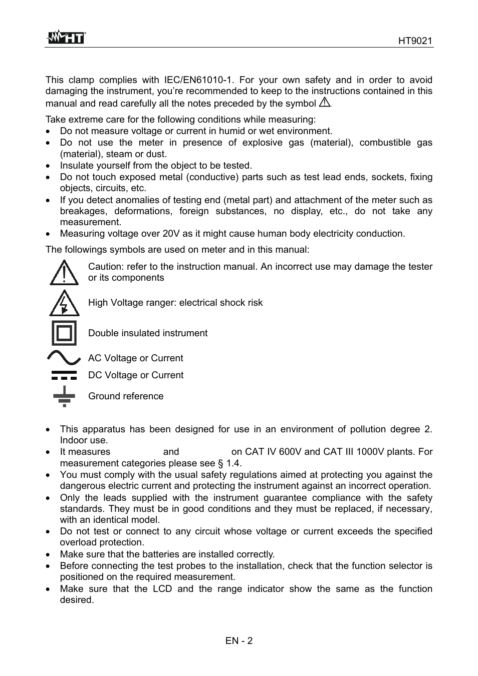 Safety precautions and procedures | HT instruments HT9021 User Manual | Page 3 / 21