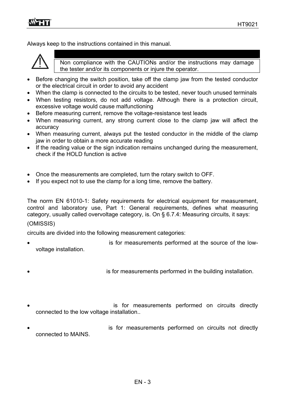 Caution | HT instruments HT9021 User Manual | Page 4 / 21