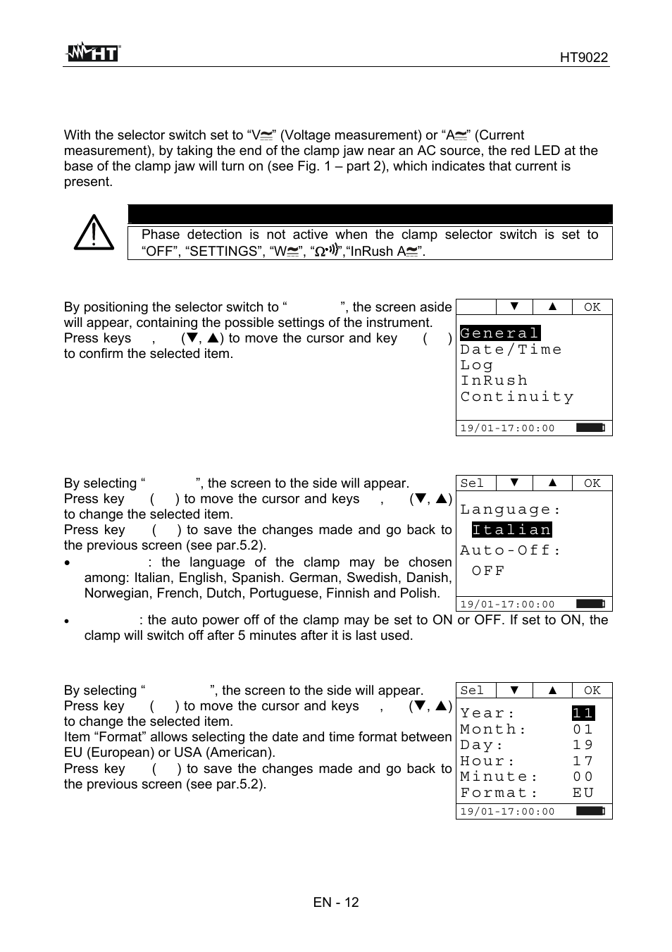 Instrument functions, Warning, O f f | HT instruments HT9022 User Manual | Page 14 / 56