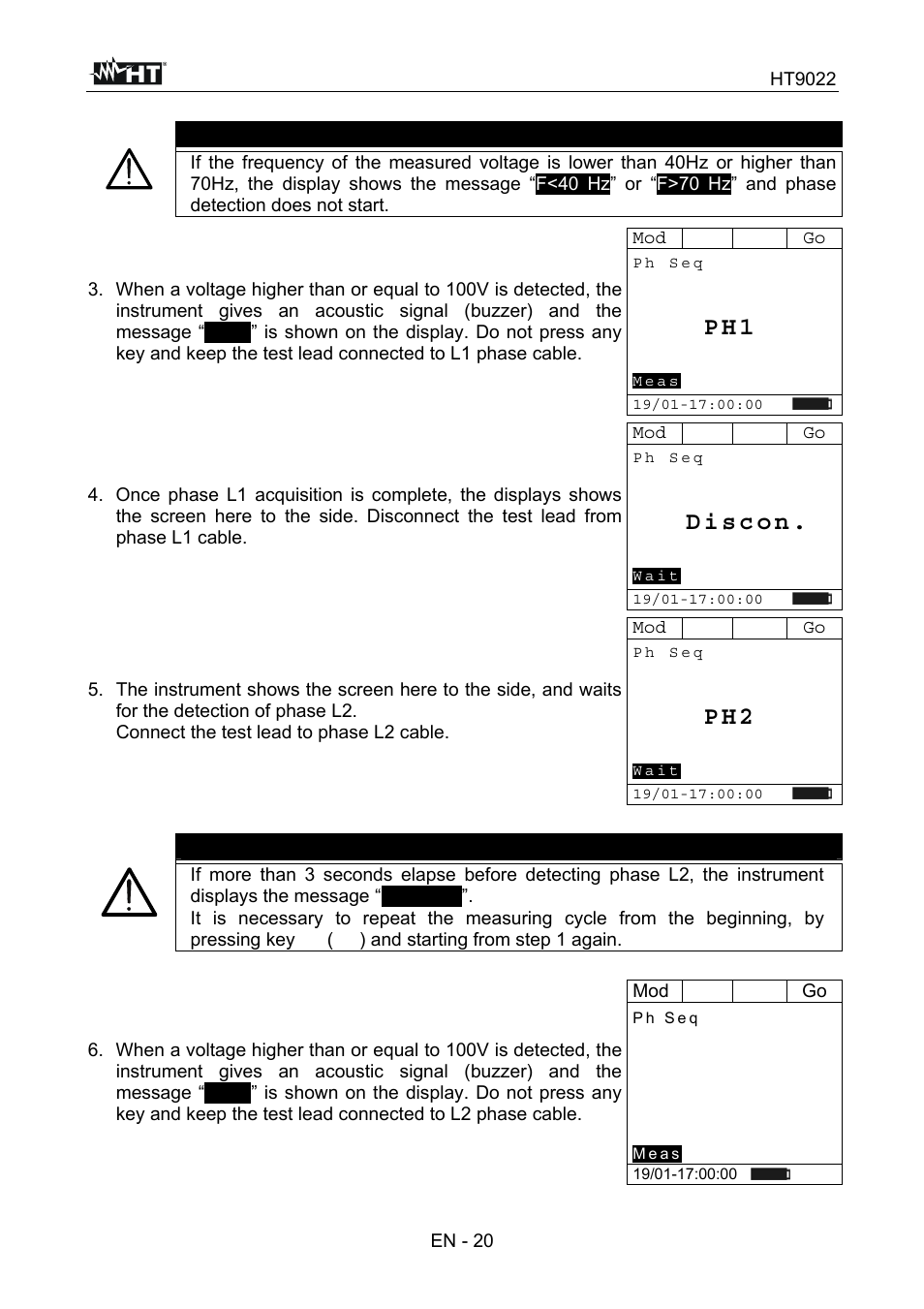 P h 1, P h 2, Warning | HT instruments HT9022 User Manual | Page 22 / 56