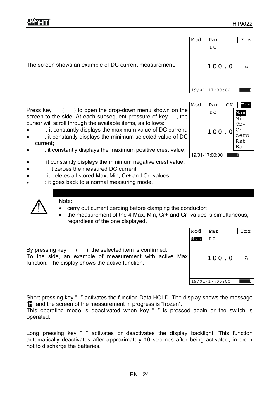 1 0 0 . 0 a, Warning | HT instruments HT9022 User Manual | Page 26 / 56