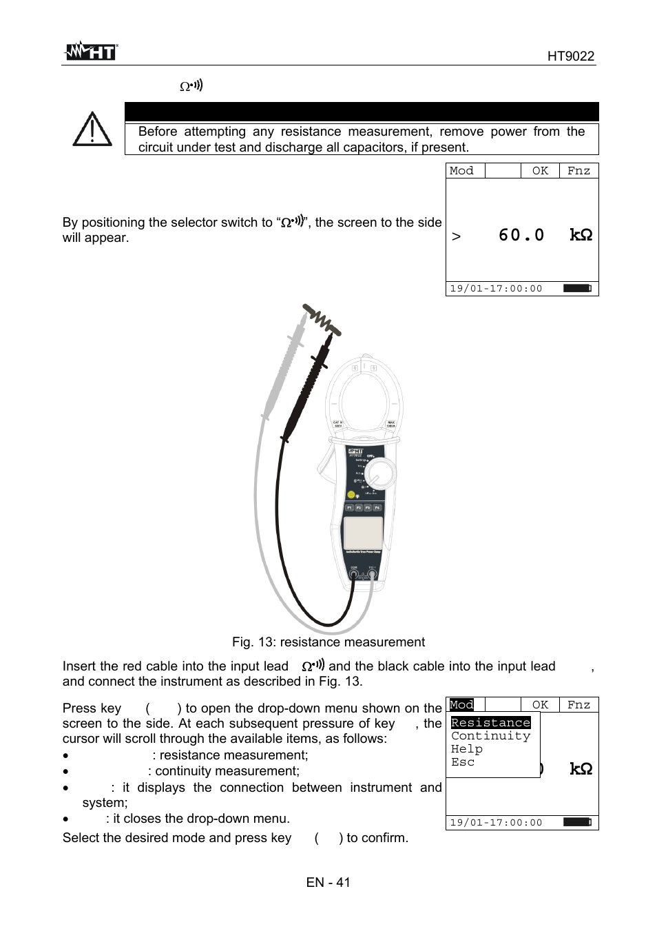 0 k ω, Warning | HT instruments HT9022 User Manual | Page 43 / 56