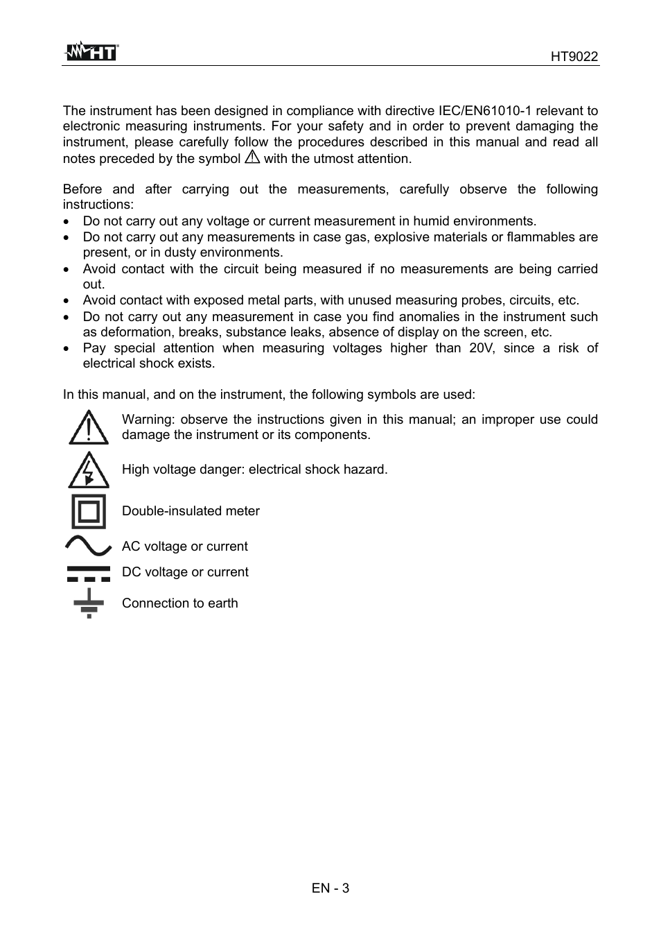Precautions and safety measures | HT instruments HT9022 User Manual | Page 5 / 56