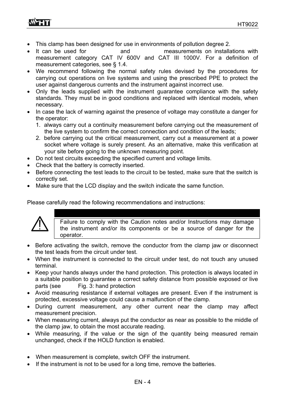 Warning | HT instruments HT9022 User Manual | Page 6 / 56