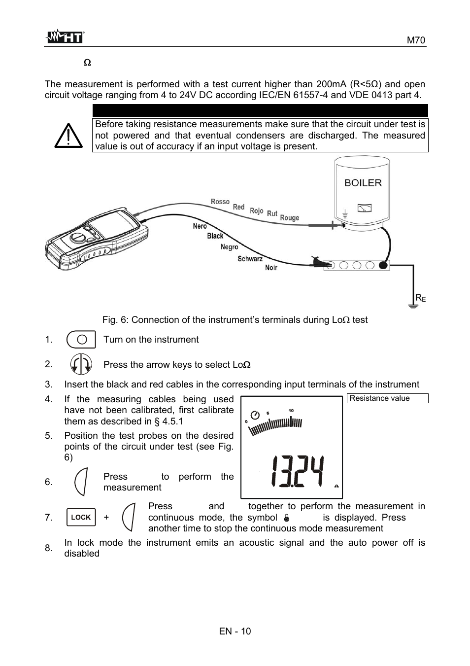 Caution, Press the arrow keys to select lo, Press go to perform the measurement | HT instruments M70 User Manual | Page 11 / 18
