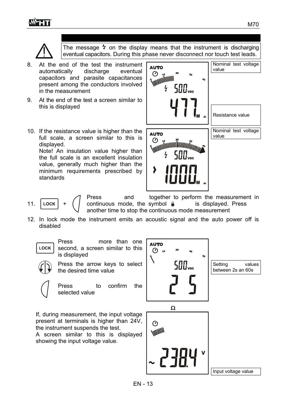 Caution, En - 13, Press go to confirm the selected value | HT instruments M70 User Manual | Page 14 / 18