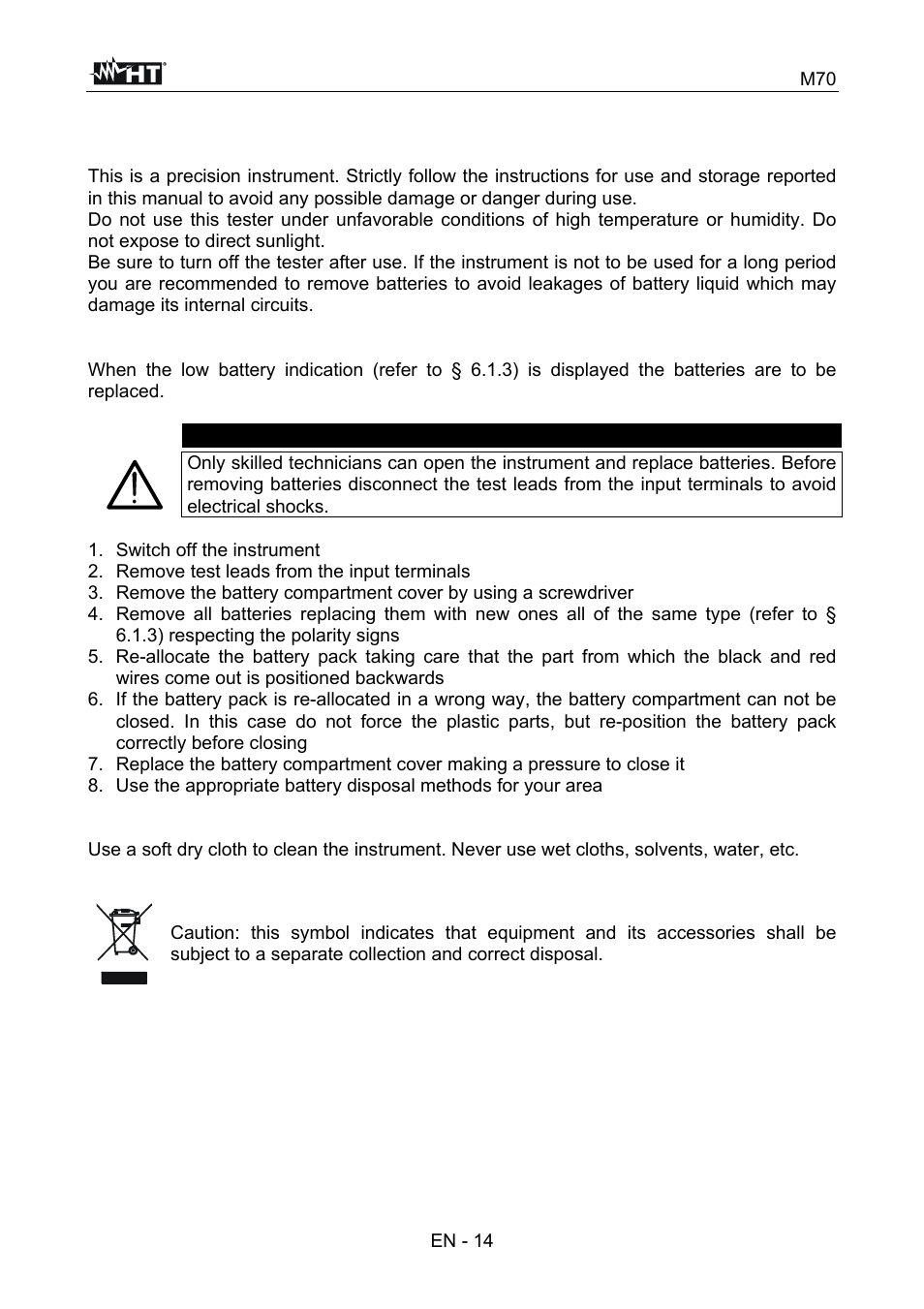 Maintenance, Caution | HT instruments M70 User Manual | Page 15 / 18