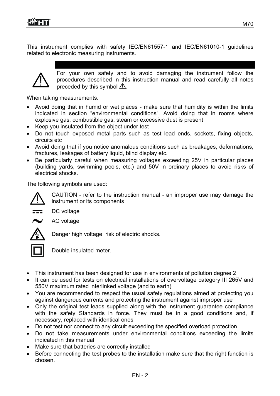 Safety precautions and procedures, Caution | HT instruments M70 User Manual | Page 3 / 18