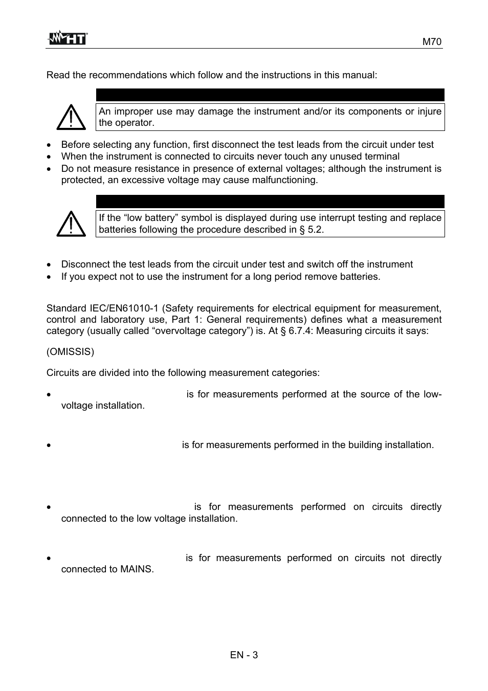 Caution | HT instruments M70 User Manual | Page 4 / 18