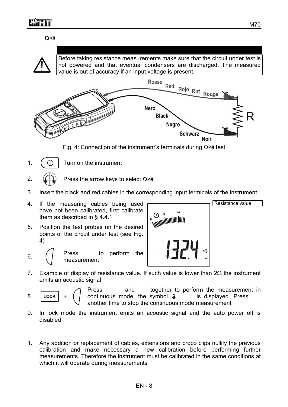 Caution | HT instruments M70 User Manual | Page 9 / 18