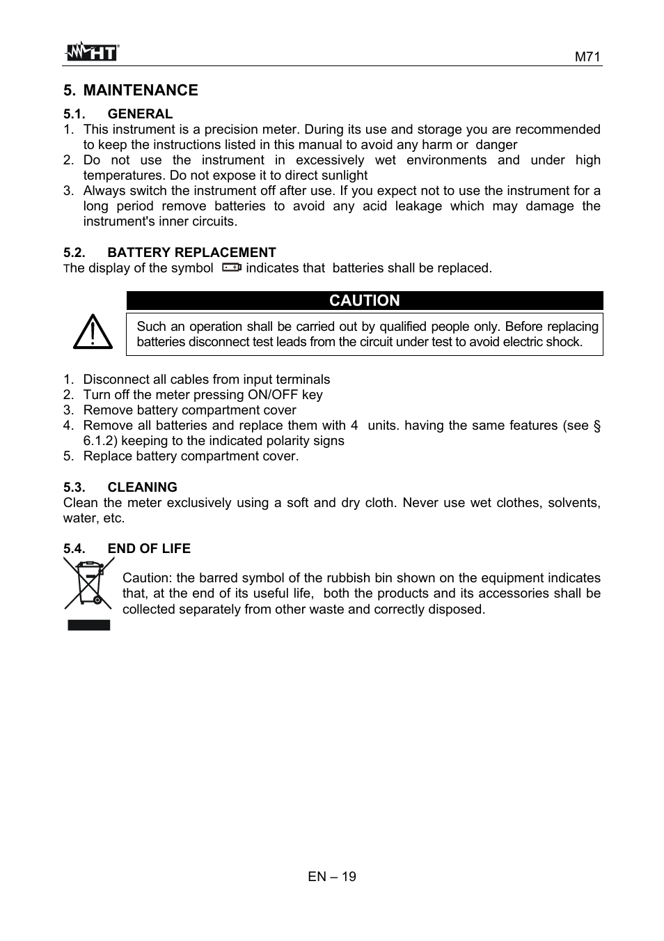 Maintenance, Caution | HT instruments M71 User Manual | Page 20 / 26