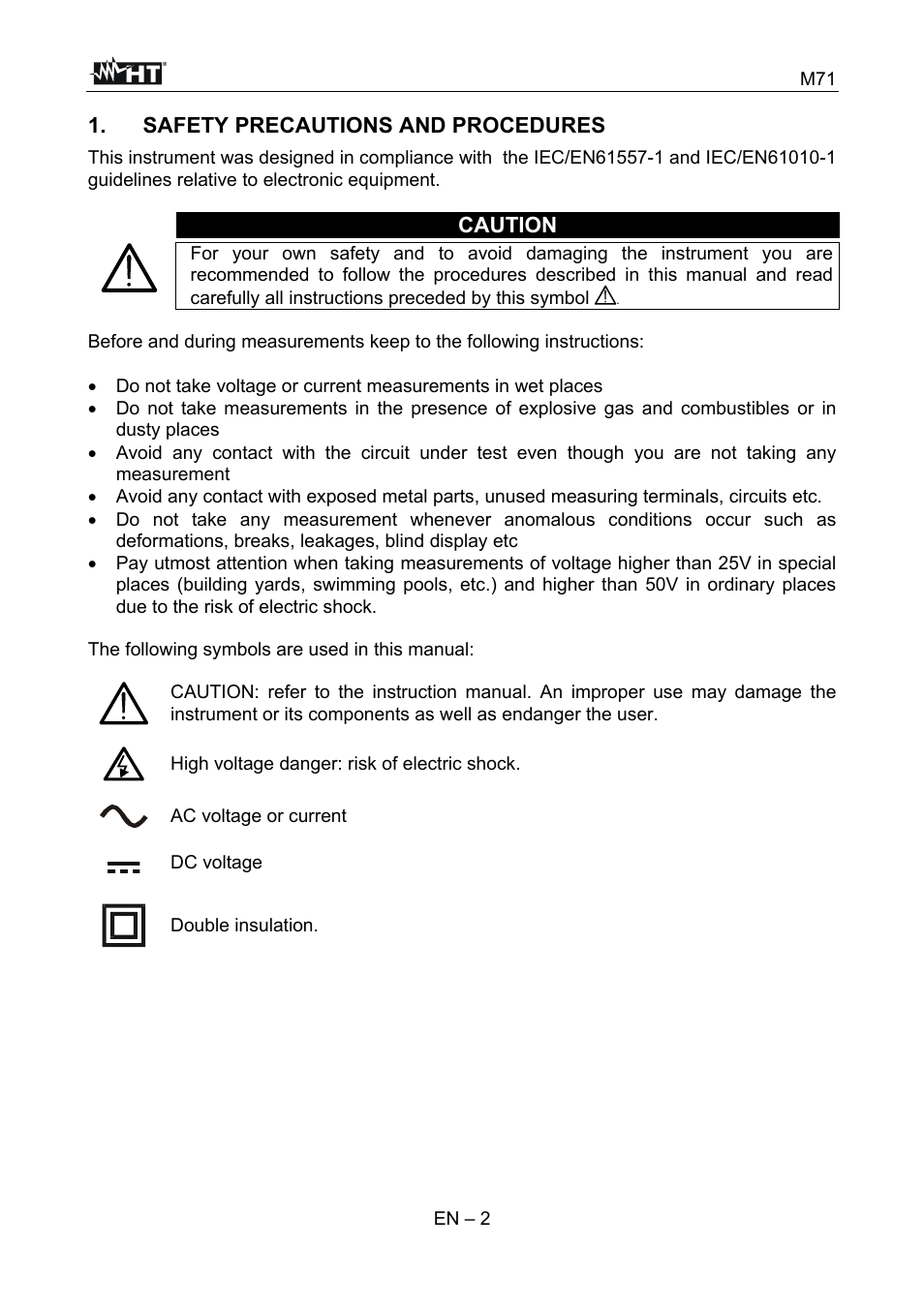 Safety precautions and procedures, Caution | HT instruments M71 User Manual | Page 3 / 26